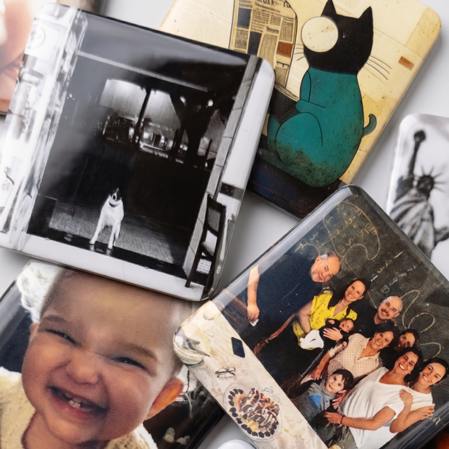 Coleção de ímãs personalizados com fotos de família, cachorro, bebê e ilustração de gato